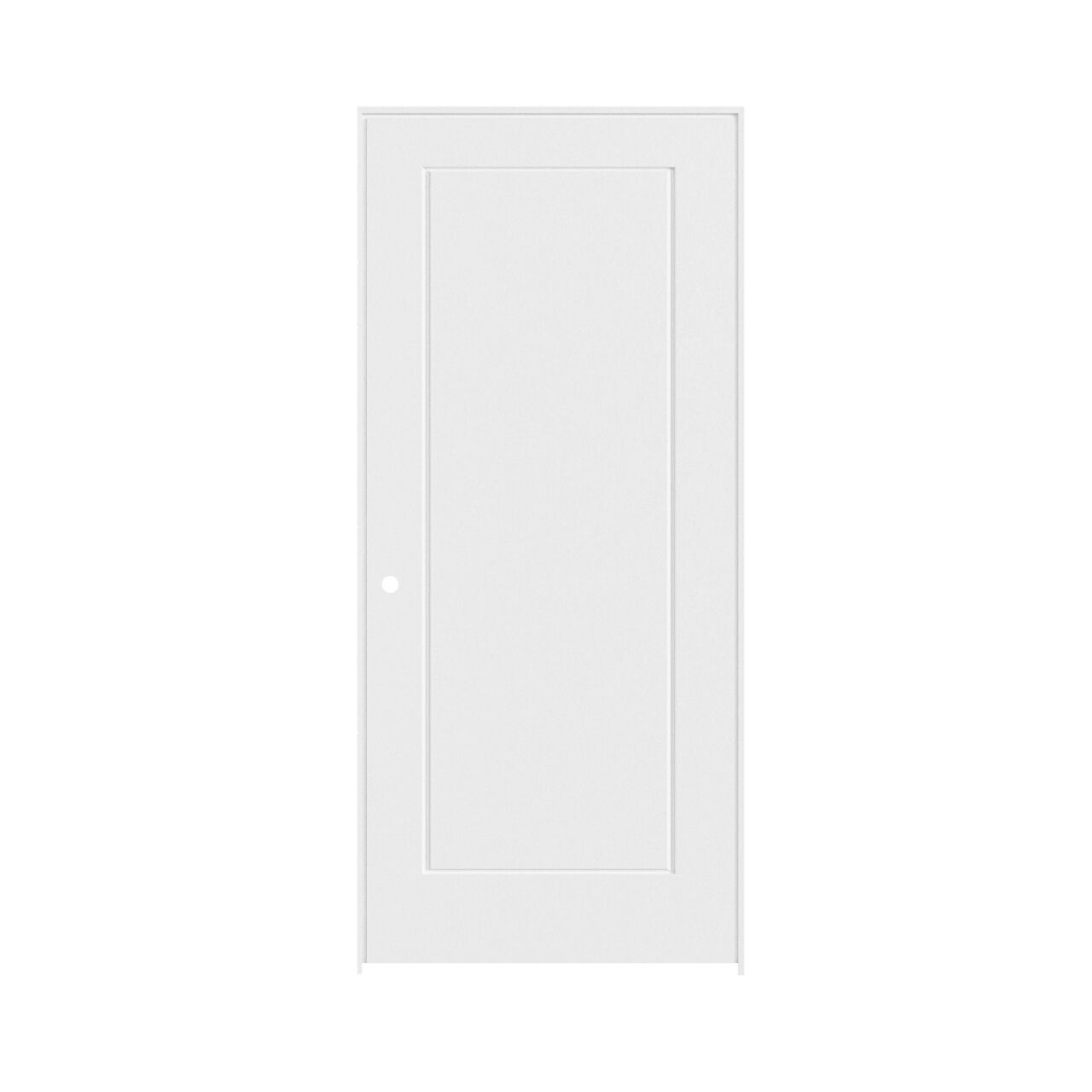The Go Build 30 in. x 80 in. Prehung Door features a 1-panel Shaker design, primed solid core wood, right-hand swing, and is shown closed against a white background.